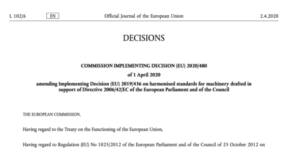 机械指令2006/42 / EC：欧盟委员会更新了欧洲协调尺度清单